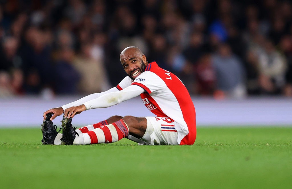 LONDON, ENGLAND - OCTOBER 22: Alexandre Lacazette of Arsenal goes down with cramp during the Premier League match between Arsenal and Aston Villa at Emirates Stadium on October 22, 2021 in London, England. (Photo by Richard Heathcote/Getty Images)