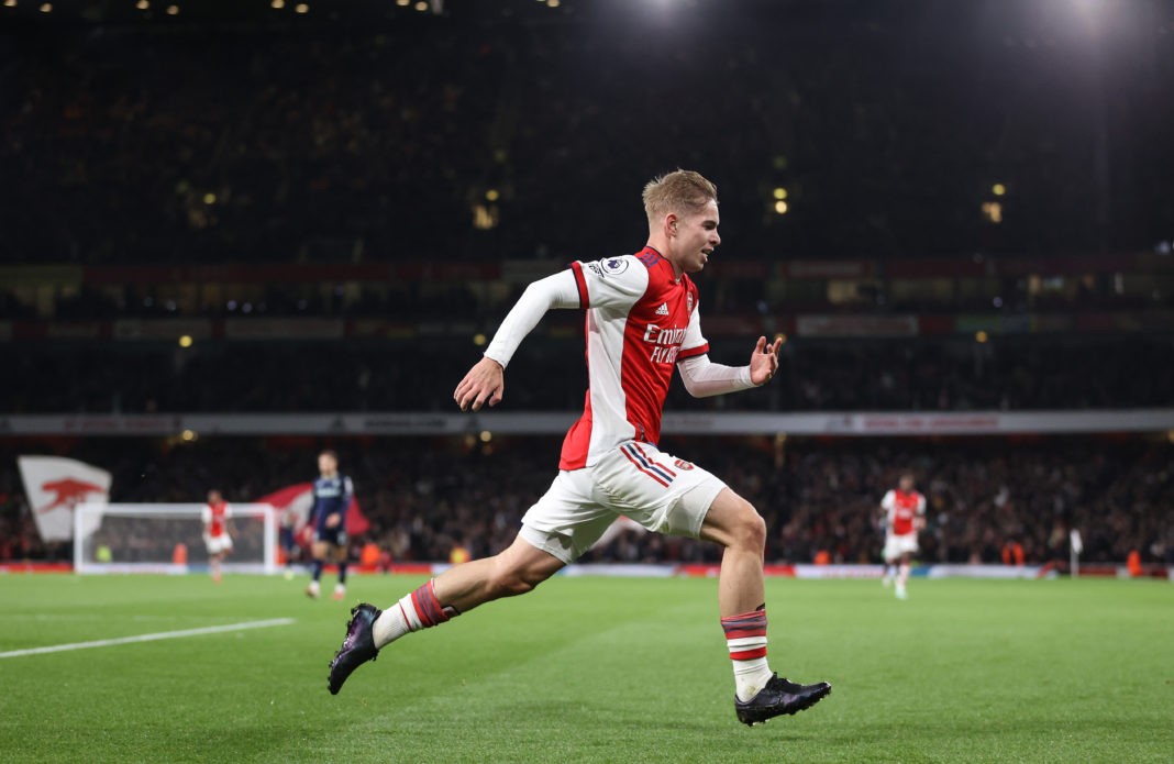 LONDON, ENGLAND: Emile Smith Rowe of Arsenal celebrates scoring the third goal during the Premier League match between Arsenal and Aston Villa at Emirates Stadium on October 22, 2021. (Photo by Richard Heathcote/Getty Images)