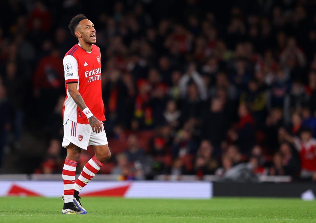 LONDON, ENGLAND - OCTOBER 22: Pierre-Emerick Aubameyang of Arsenal reacts as he goes off after being substituted during the Premier League match between Arsenal and Aston Villa at Emirates Stadium on October 22, 2021 in London, England. (Photo by Richard Heathcote/Getty Images)