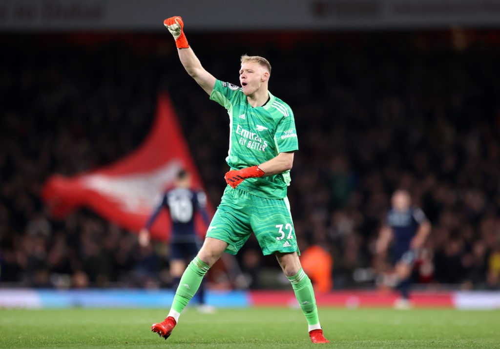 LONDON, ENGLAND: Aaron Ramsdale of Arsenal celebrates his sides third goal during the Premier League match between Arsenal and Aston Villa at Emirates Stadium on October 22, 2021. (Photo by Alex Pantling/Getty Images)
