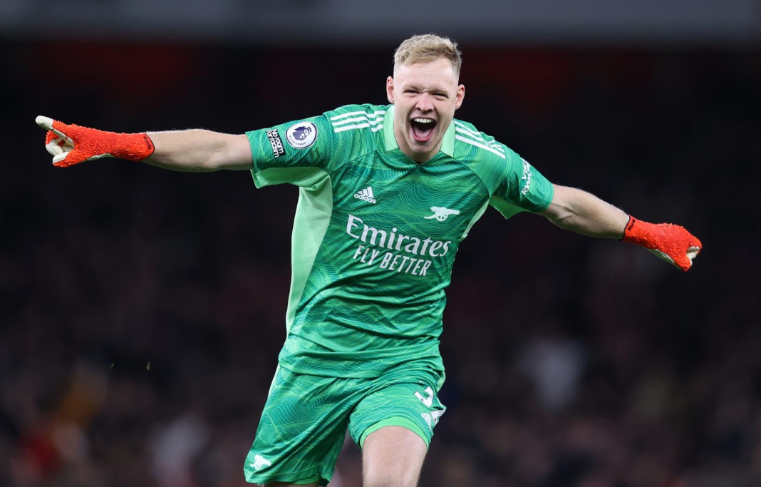 LONDON, ENGLAND - OCTOBER 22: Aaron Ramsdale of Arsenal celebrates their third goal scored by Emile Smith Rowe (not in picture) during the Premier League match between Arsenal and Aston Villa at Emirates Stadium on October 22, 2021 in London, England. (Photo by Alex Pantling/Getty Images)
