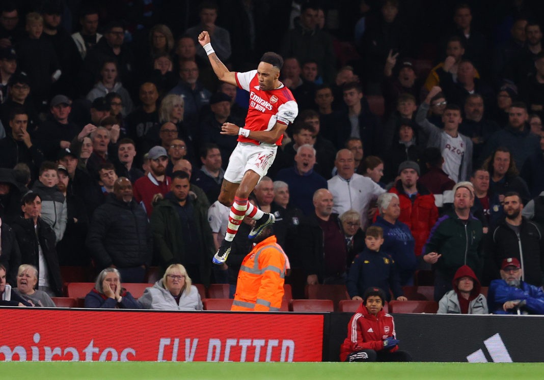 LONDON, ENGLAND - OCTOBER 22: Pierre-Emerick Aubameyang of Arsenal celebrates after scoring their team's second goal during the Premier League match between Arsenal and Aston Villa at Emirates Stadium on October 22, 2021 in London, England. (Photo by Richard Heathcote/Getty Images)