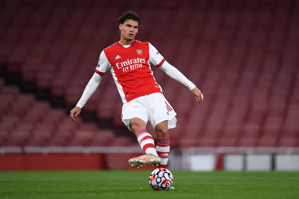 LONDON, ENGLAND: Omar Rekik of Arsenal passes the ball during the Premier League 2 match between Arsenal U23 and Brighton & Hove Albion U23 at Emirates Stadium on October 01, 2021. (Photo by Alex Burstow/Getty Images)