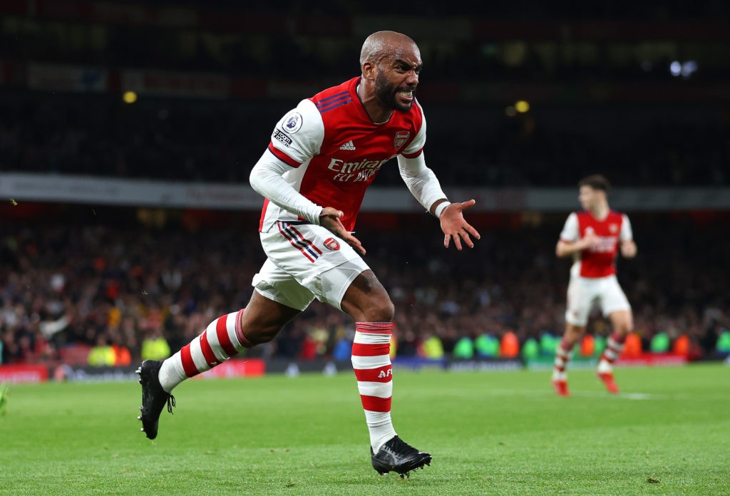 LONDON, ENGLAND - OCTOBER 18: Alexandre Lacazette of Arsenal celebrates after scoring their team's second goal during the Premier League match between Arsenal and Crystal Palace at Emirates Stadium on October 18, 2021 in London, England. (Photo by Catherine Ivill/Getty Images)