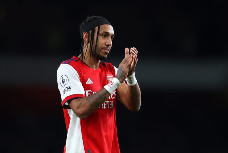 LONDON, ENGLAND - OCTOBER 18: Pierre-Emerick Aubameyang of Arsenal acknowledges the fans after the Premier League match between Arsenal and Crystal Palace at Emirates Stadium on October 18, 2021 in London, England. (Photo by Catherine Ivill/Getty Images)