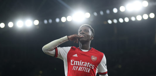 LONDON, ENGLAND - OCTOBER 26: Eddie Nketiah of Arsenal celebrates after scoring their side's second goal during the Carabao Cup Round of 16 match between Arsenal and Leeds United at Emirates Stadium on October 26, 2021 in London, England. (Photo by Julian Finney/Getty Images)