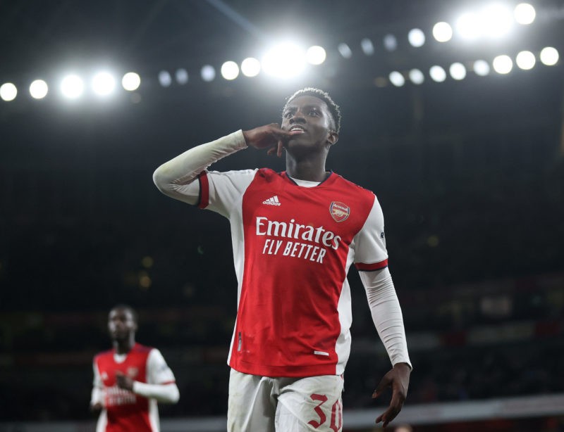 LONDON, ENGLAND - OCTOBER 26: Eddie Nketiah of Arsenal celebrates after scoring their side's second goal during the Carabao Cup Round of 16 match between Arsenal and Leeds United at Emirates Stadium on October 26, 2021 in London, England. (Photo by Julian Finney/Getty Images)