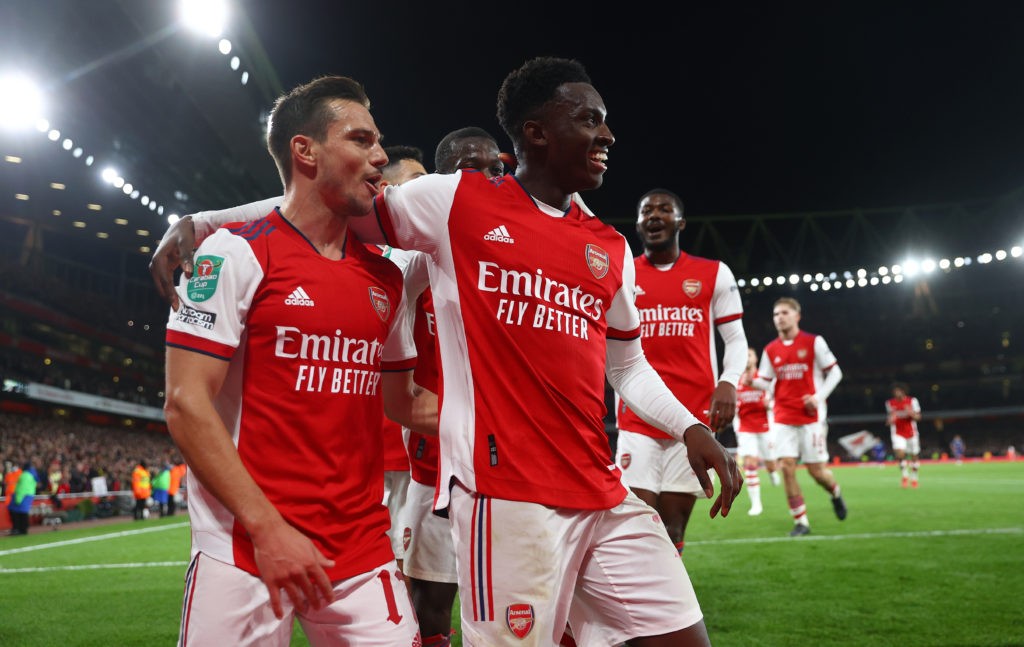 LONDON, ENGLAND - OCTOBER 26: Eddie Nketiah of Arsenal celebrates with teammate Cedric Soares after scoring their side's second goal during the Carabao Cup Round of 16 match between Arsenal and Leeds United at Emirates Stadium on October 26, 2021 in London, England. (Photo by Julian Finney/Getty Images)