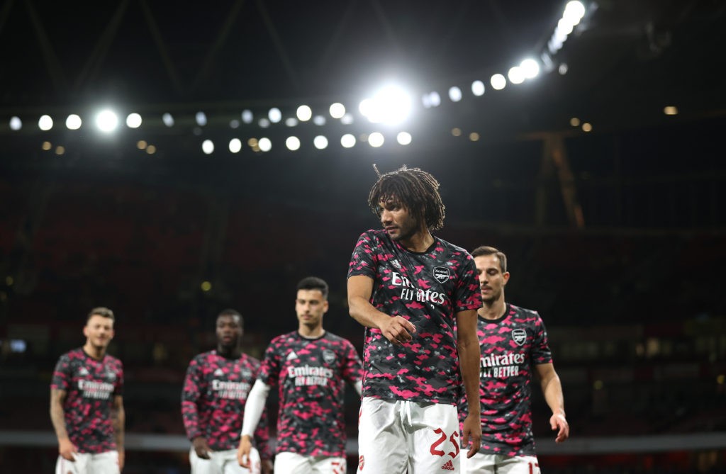 LONDON, ENGLAND - OCTOBER 26: Mohamed Elneny of Arsenal looks on during the warm up prior to the Carabao Cup Round of 16 match between Arsenal and Leeds United at Emirates Stadium on October 26, 2021 in London, England. (Photo by Alex Pantling/Getty Images)
