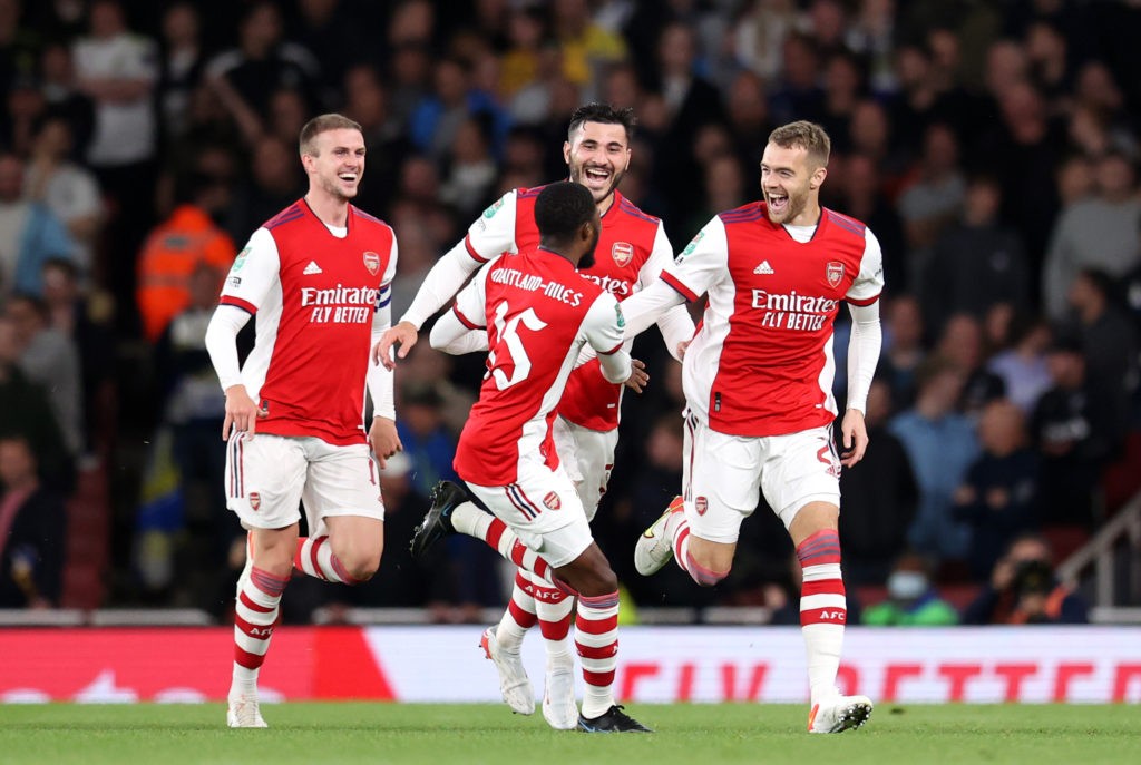 LONDON, ENGLAND: Calum Chambers of Arsenal celebrates with team mates after scoring their side's first goal during the Carabao Cup Round of 16 match between Arsenal and Leeds United at Emirates Stadium on October 26, 2021. (Photo by Alex Pantling/Getty Images)