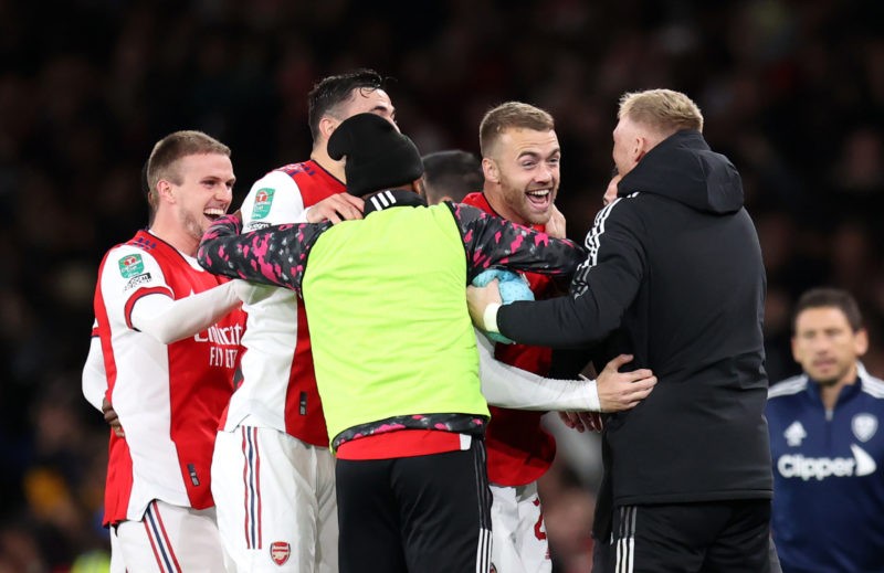 LONDON, ENGLAND - OCTOBER 26: Calum Chambers of Arsenal celebrates with team mates after scoring their side's first goal during the Carabao Cup Round of 16 match between Arsenal and Leeds United at Emirates Stadium on October 26, 2021 in London, England. (Photo by Alex Pantling/Getty Images)