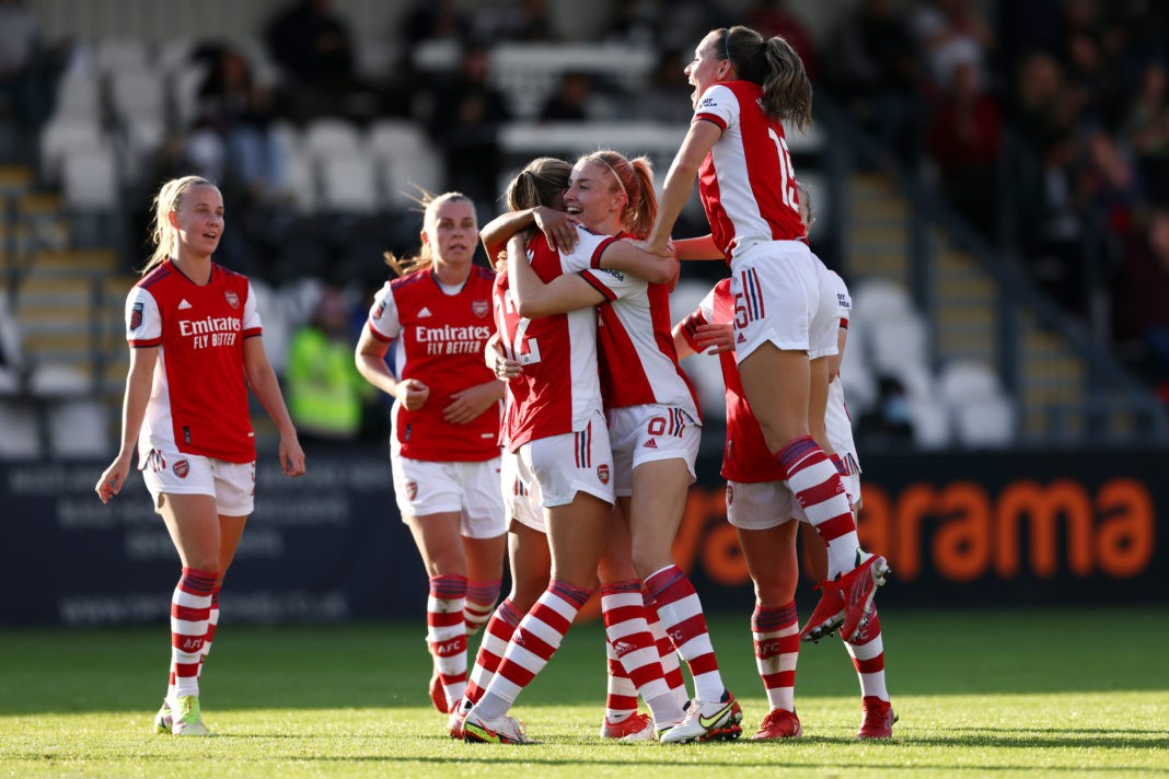 BOREHAMWOOD, ENGLAND: Frida Maanum of Arsenal celebrates with teammates after scoring their side's third goal during the Barclays FA Women's Super League match between Arsenal Women and Everton Women at Meadow Park on October 10, 2021. (Photo by Paul Harding/Getty Images)