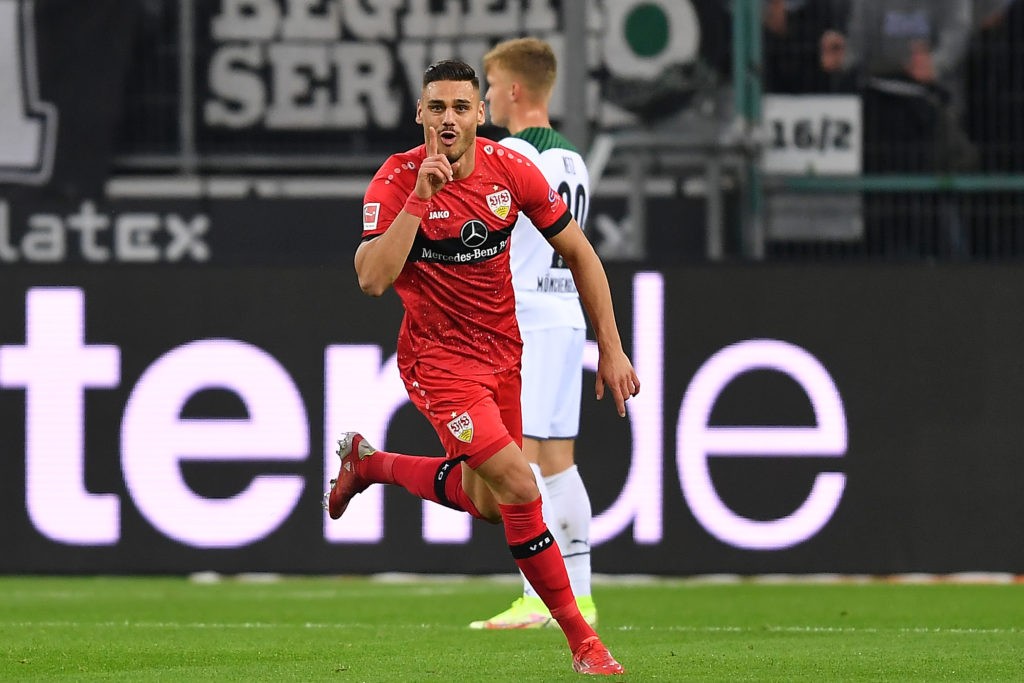 MOENCHENGLADBACH, GERMANY: Konstantinos Mavropanos of VfB Stuttgart celebrates after scoring the side's first goal during the Bundesliga match between Borussia Mönchengladbach and VfB Stuttgart at Borussia-Park on October 16, 2021. (Photo by Frederic Scheidemann/Getty Images)