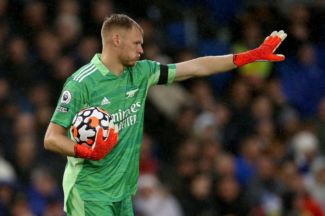 BRIGHTON, ENGLAND - OCTOBER 02: Aaron Ramsdale of Arsenal gives instructions during the Premier League match between Brighton & Hove Albion and Arsenal at American Express Community Stadium on October 02, 2021 in Brighton, England. (Photo by Steve Bardens/Getty Images)