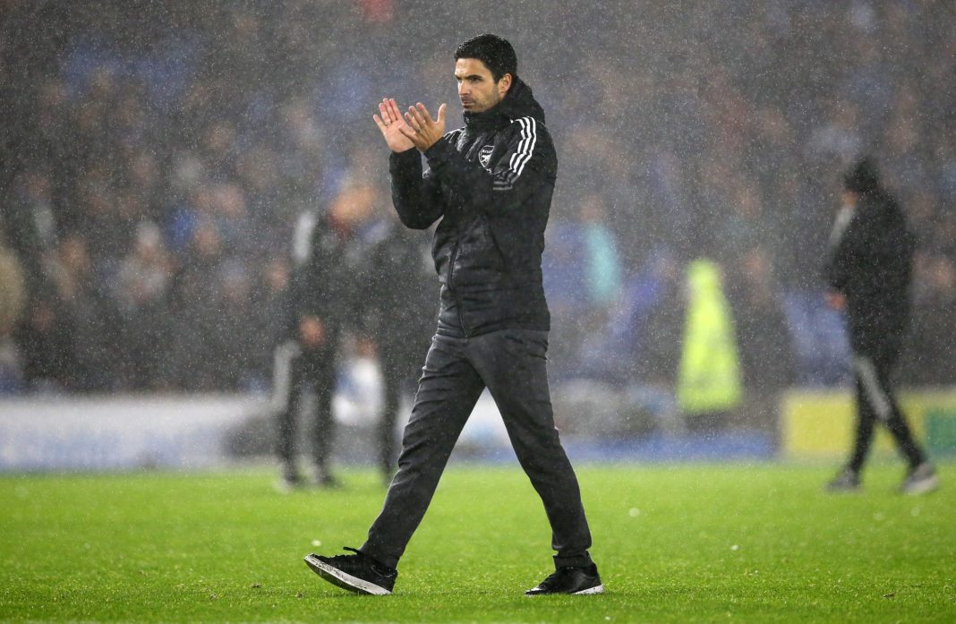 BRIGHTON, ENGLAND - OCTOBER 02: Mikel Arteta, Manager of Arsenal applauds fans after his sides draw in the Premier League match between Brighton & Hove Albion and Arsenal at American Express Community Stadium on October 02, 2021 in Brighton, England. (Photo by Steve Bardens/Getty Images)