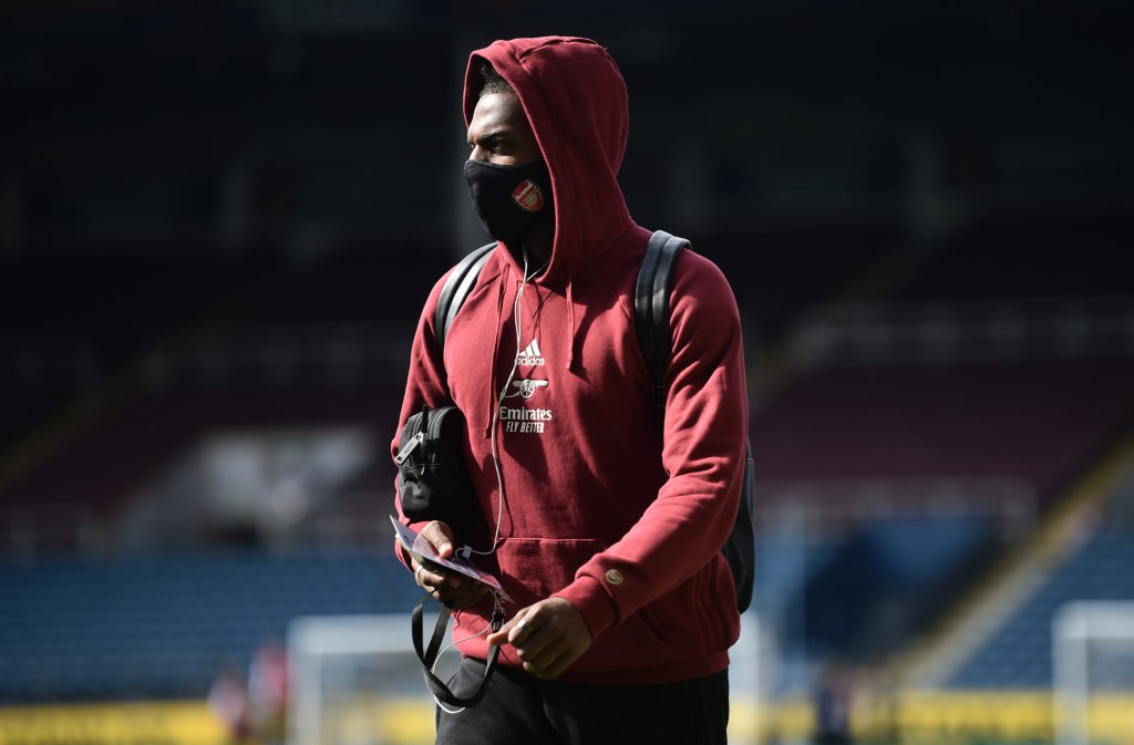 BURNLEY, ENGLAND - SEPTEMBER 18: Nuno Tavares of Arsenal arrives at the stadium prior to the Premier League match between Burnley and Arsenal at Turf Moor on September 18, 2021 in Burnley, England. (Photo by Nathan Stirk/Getty Images)