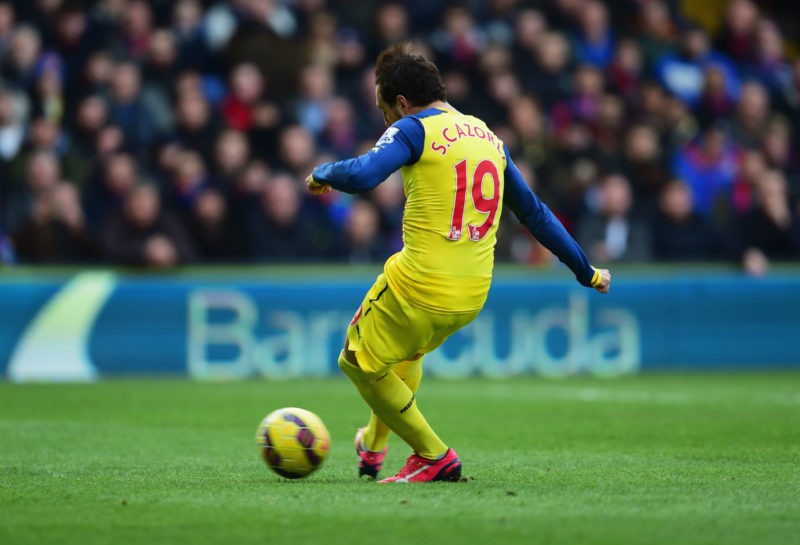 LONDON, ENGLAND - FEBRUARY 21: Santi Cazorla of Arsenal scores their first goal from a penalty during the Barclays Premier League match between Crystal Palace and Arsenal at Selhurst Park on February 21, 2015 in London, England. (Photo by Jamie McDonald/Getty Images)
