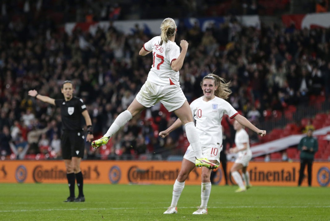 LONDON, ENGLAND - OCTOBER 23: Beth Mead of England celebrates after scoring her team's third goal during the FIFA Women's World Cup 2023 Qualifier group D match between England and Northern Ireland at on October 23, 2021 in London , United Kingdom. (Photo by Henry Browne/Getty Images)