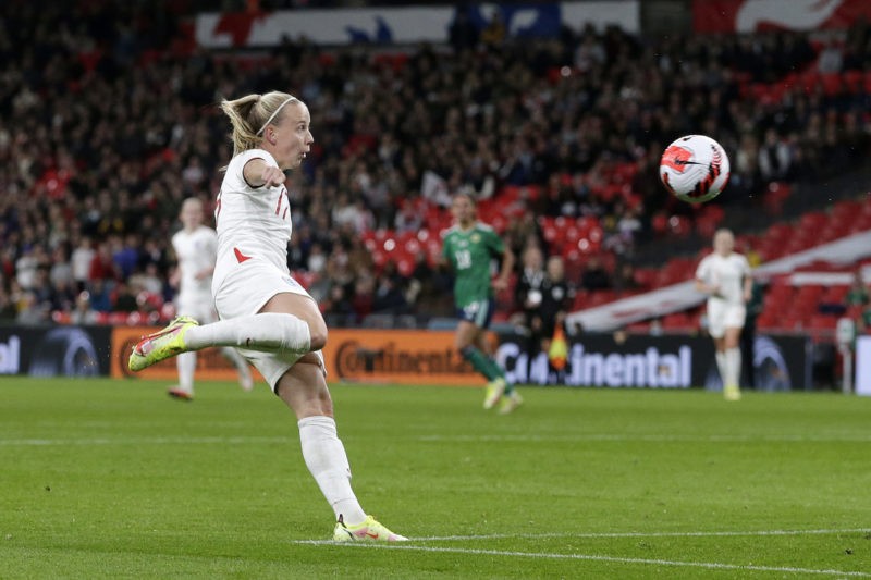 LONDON, ENGLAND - OCTOBER 23: Beth Mead of England scores her team's third goal during the FIFA Women's World Cup 2023 Qualifier group D match between England and Northern Ireland at on October 23, 2021 in London , United Kingdom. (Photo by Henry Browne/Getty Images)