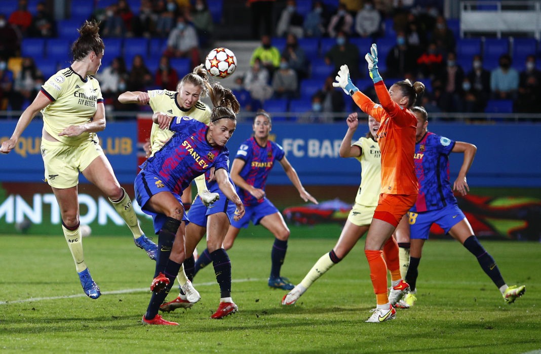 BARCELONA, SPAIN: Frida Maanum of Arsenal scores a goal during the UEFA Women's Champions League group C match between FC Barcelona and Arsenal WFC at Estadi Johan Cruyff on October 05, 2021. (Photo by Eric Alonso/Getty Images)