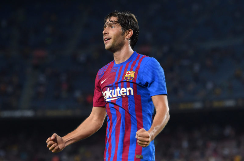 BARCELONA, SPAIN - AUGUST 15: Sergi Roberto of FC Barcelona celebrates after scoring their team's fourth goal during the LaLiga Santander match between FC Barcelona and Real Sociedad at Camp Nou on August 15, 2021 in Barcelona, Spain. FC Barcelona will host between 20,000 and 22,0000 fans in the stadium as the Regional government has authorised a capacity of 30 percent with the requirement to maintain a meter and a half distance between people or groups of people who have tickets. (Photo by Alex Caparros/Getty Images)
