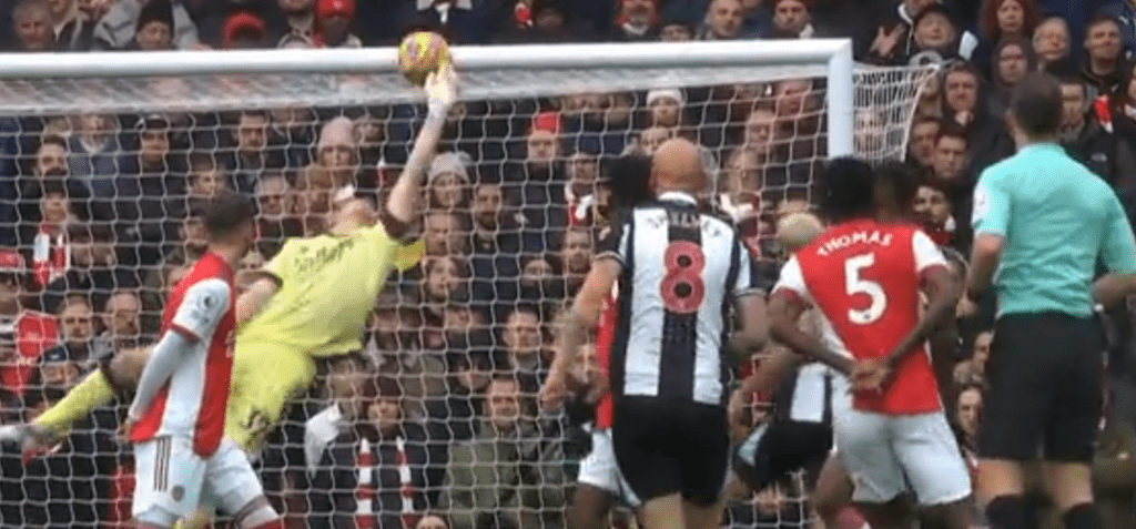 Aaron Ramsdale tips Shelvey's shot onto the bar