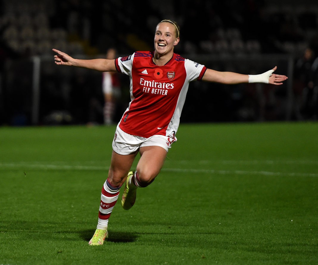 BOREHAMWOOD, ENGLAND - NOVEMBER 07: Beth Mead of Arsenal celebrates after scoring their team's third goal during the Barclays FA Women's Super League match between Arsenal Women and West Ham United Women at Meadow Park on November 07, 2021 in Borehamwood, England. (Photo by Harriet Lander/Getty Images)