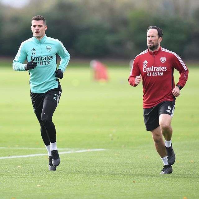 Granit Xhaka in light training with Arsenal (Photo via Xhaka on Instagram)