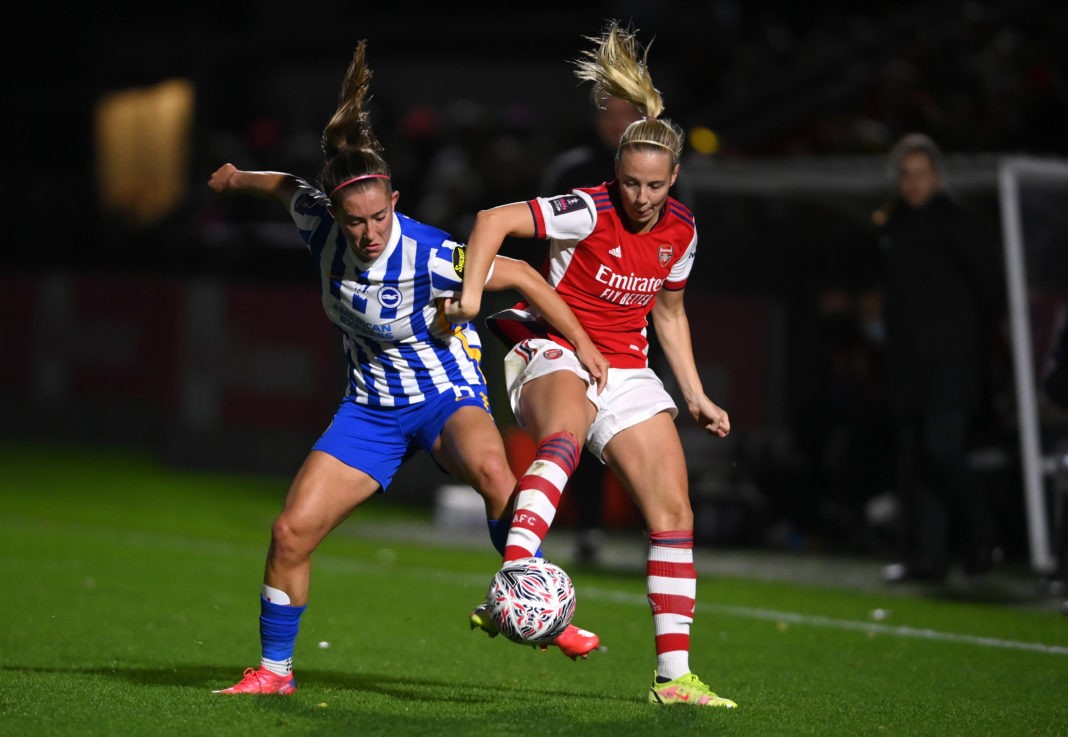 BOREHAMWOOD, ENGLAND - OCTOBER 31: Maya Le Tissier of Brighton and Hove Albion battles for possession with Beth Mead of Arsenal during the Vitality Women's FA Cup Semi-Final match between Arsenal FC and Brighton and Hove Albion at Meadow Park on October 31, 2021 in Borehamwood, England. (Photo by Mike Hewitt/Getty Images)