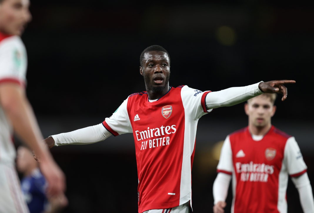 LONDON, ENGLAND: Nicolas Pepe of Arsenal during the Carabao Cup Round-of-16 match between Arsenal and Leeds United at Emirates Stadium on October 26, 2021. (Photo by Julian Finney/Getty Images)