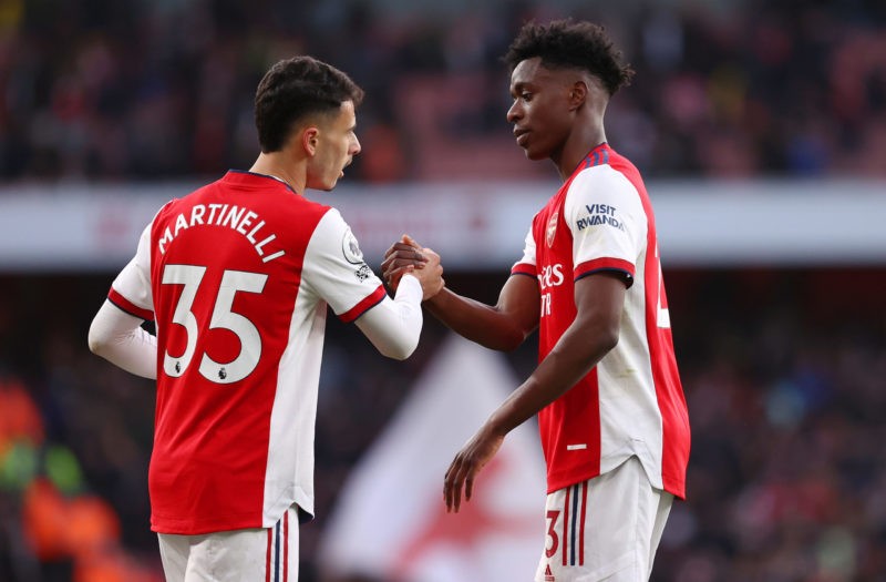 LONDON, ENGLAND - NOVEMBER 07: Gabriel Martinelli and Albert Sambi Lokonga of Arsenal shake hands after the Premier League match between Arsenal and Watford at Emirates Stadium on November 07, 2021 in London, England. (Photo by Ryan Pierse/Getty Images)