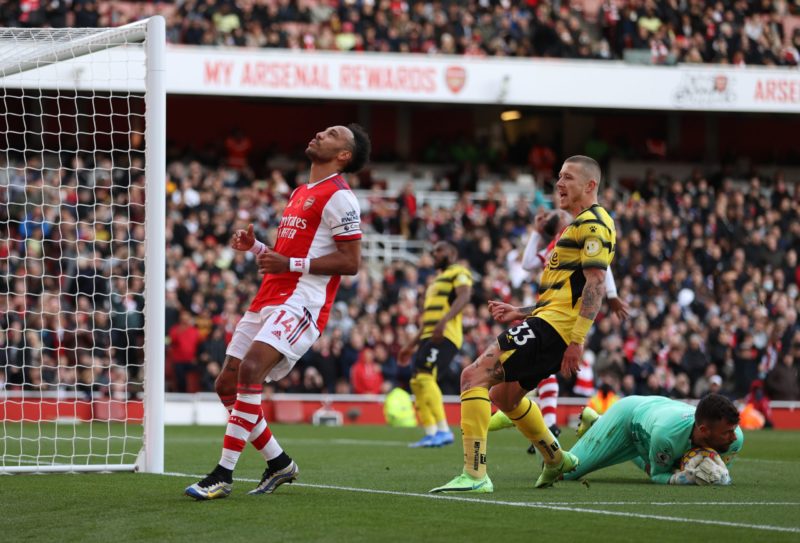 LONDON, ENGLAND - NOVEMBER 07: Pierre-Emerick Aubameyang of Arsenal reacts after having his penalty kick saved by Ben Foster of Watford FC during the Premier League match between Arsenal and Watford at Emirates Stadium on November 07, 2021 in London, England. (Photo by Richard Heathcote/Getty Images)