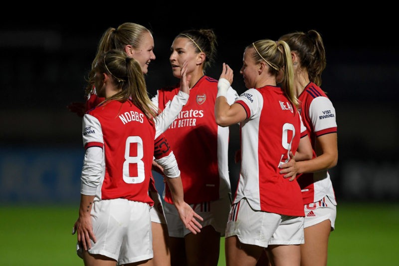 BOREHAMWOOD, ENGLAND - NOVEMBER 07: (L-R) Jordan Nobbs, Frida Maanum, Steph Catley, Lia Waelti and Beth Mead of Arsenal celebrate their team's fourth goal, an own goal scored by Grace Fisk of West Ham (out of frame) during the Barclays FA Women's Super League match between Arsenal Women and West Ham United Women at Meadow Park on November 07, 2021 in Borehamwood, England. (Photo by Harriet Lander/Getty Images)