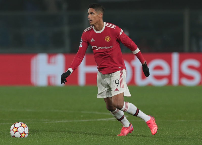 BERGAMO, ITALY - NOVEMBER 02: Raphael Varane of Manchester United in action during the UEFA Champions League group F match between Atalanta and Manchester United at Gewiss Stadium on November 02, 2021 in Bergamo, Italy. (Photo by Emilio Andreoli/Getty Images)