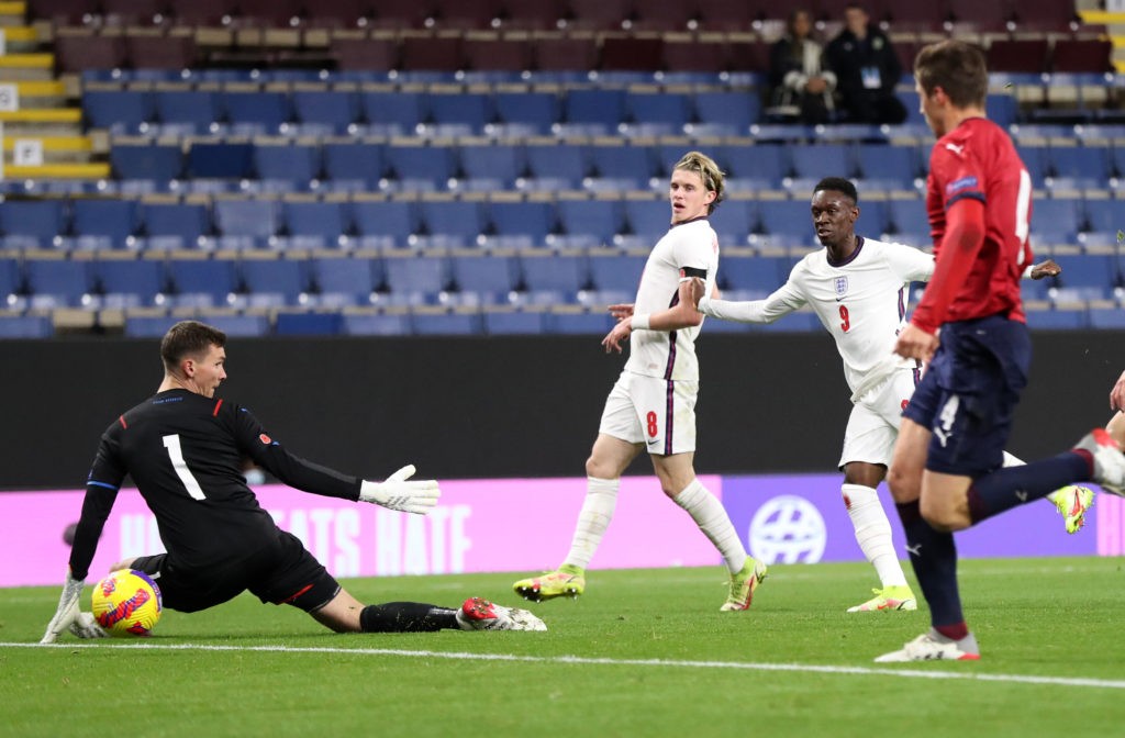 BURNLEY, ENGLAND: Folarin Balogun of England scores the third goal during the UEFA European Under-21 Championship Qualifier match between England U21s and Czech Republic U21s on November 11, 2021. (Photo by Lewis Storey/Getty Images)