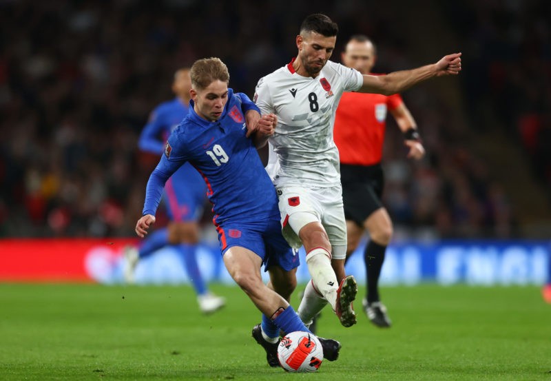 LONDON, ENGLAND - NOVEMBER 12: Emile Smith Rowe of England battles for possession with Klaus Gjasula of Albania during the 2022 FIFA World Cup Qualifier match between England and Albania at Wembley Stadium on November 12, 2021 in London, England. (Photo by Clive Rose/Getty Images)