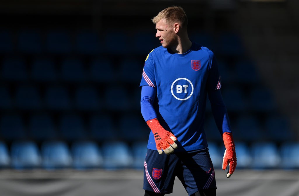 ANDORRA LA VELLA, ANDORRA - OCTOBER 08: Aaron Ramsdale of England looks on during a training session at Estadi Nacional on October 08, 2021 in Andorra la Vella, Andorra. (Photo by Michael Regan/Getty Images)