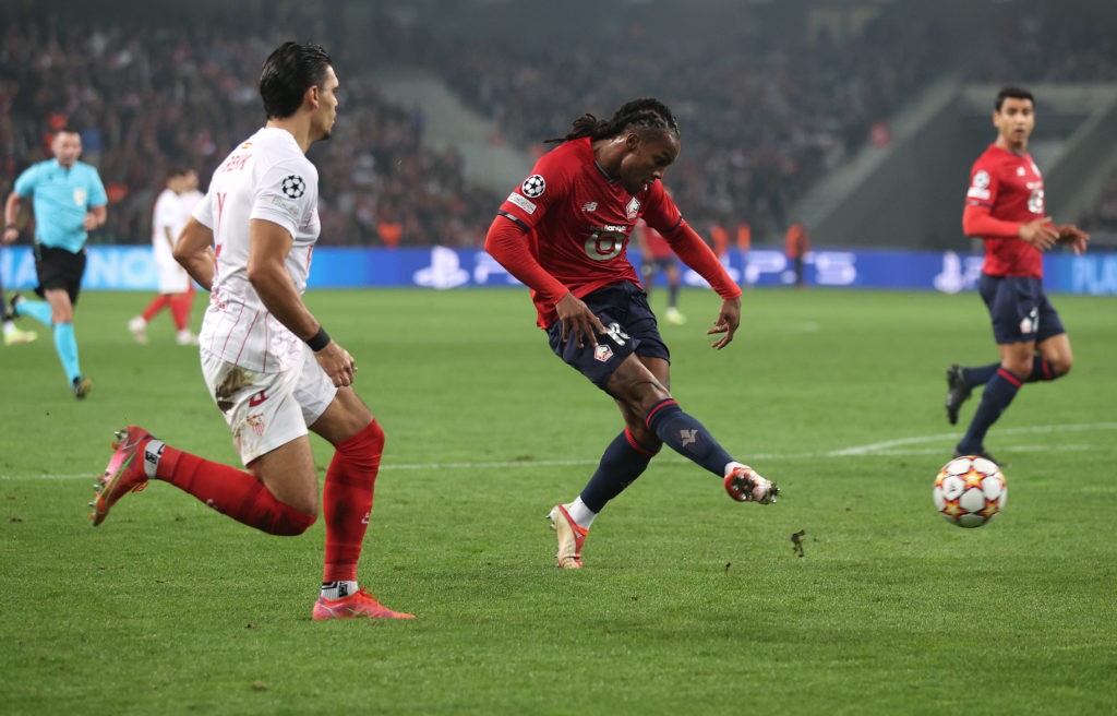 LILLE, FRANCE: Renato Sanches of Lille shoots at goal during the UEFA Champions League group G match between Lille OSC and Sevilla FC at Stade Pierre-Mauroy on October 20, 2021. (Photo by Julian Finney/Getty Images)