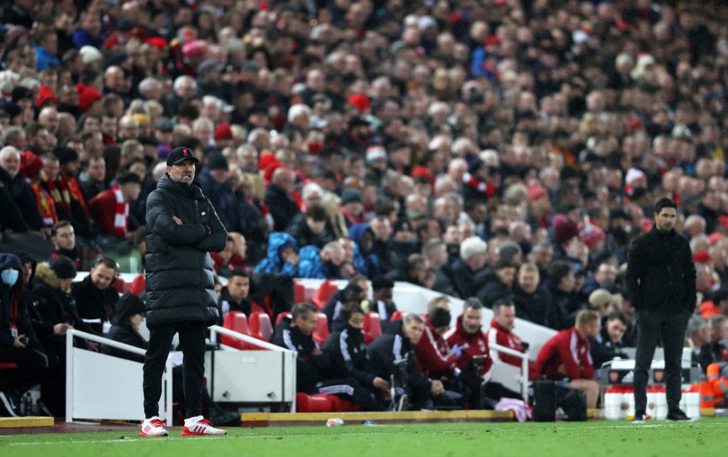 LIVERPOOL, ENGLAND: Juergen Klopp, Manager of Liverpool looks on during the Premier League match between Liverpool and Arsenal at Anfield on November 20, 2021. (Photo by Clive Brunskill/Getty Images)