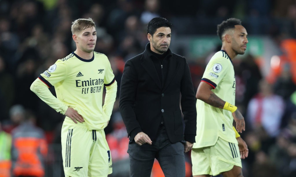 LIVERPOOL, ENGLAND - NOVEMBER 20: Mikel Arteta, Manager of Arsenal looks dejected following their side's defeat in the Premier League match between Liverpool and Arsenal at Anfield on November 20, 2021 in Liverpool, England. (Photo by Clive Brunskill/Getty Images)