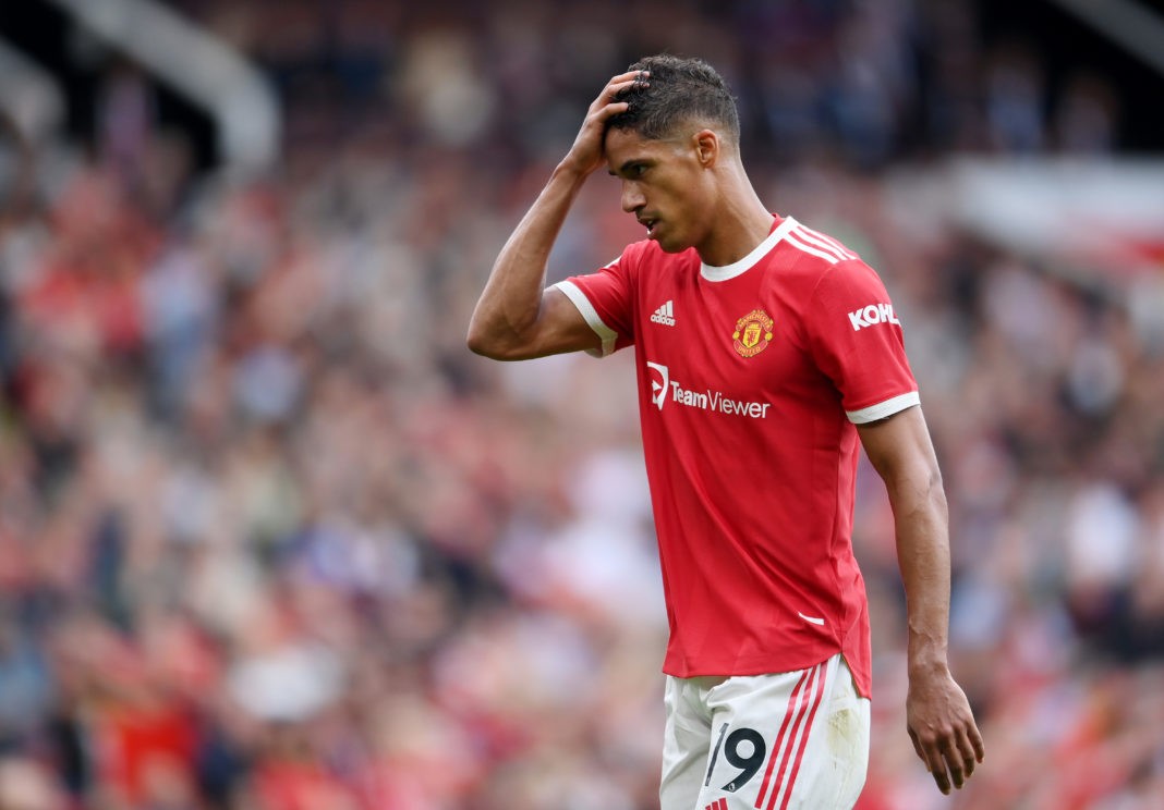 MANCHESTER, ENGLAND - SEPTEMBER 25: Raphael Varane of Manchester United reacts during the Premier League match between Manchester United and Aston Villa at Old Trafford on September 25, 2021 in Manchester, England. (Photo by Laurence Griffiths/Getty Images)