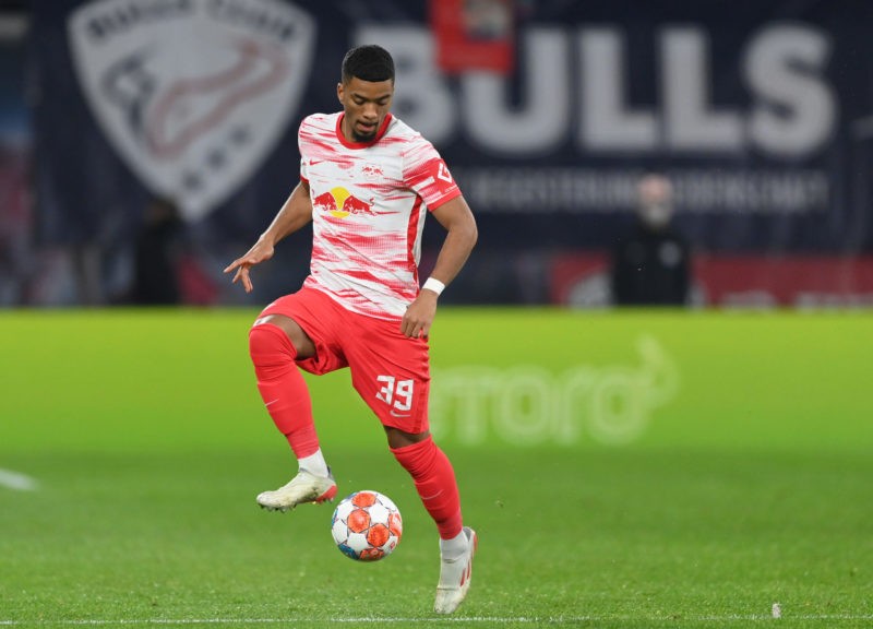 LEIPZIG, GERMANY - NOVEMBER 06: Benjamin Henrichs of Leipzig in action during the Bundesliga match between RB Leipzig and Borussia Dortmund at Red Bull Arena on November 06, 2021 in Leipzig, Germany. (Photo by Stuart Franklin/Getty Images)