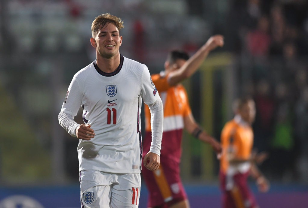 SERRAVALLE, SAN MARINO: Emile Smith Rowe of England celebrates after scoring their team's seventh goal during the 2022 FIFA World Cup Qualifier match between San Marino and England at San Marino Stadium on November 15, 2021. (Photo by Alessandro Sabattini / Getty Images)