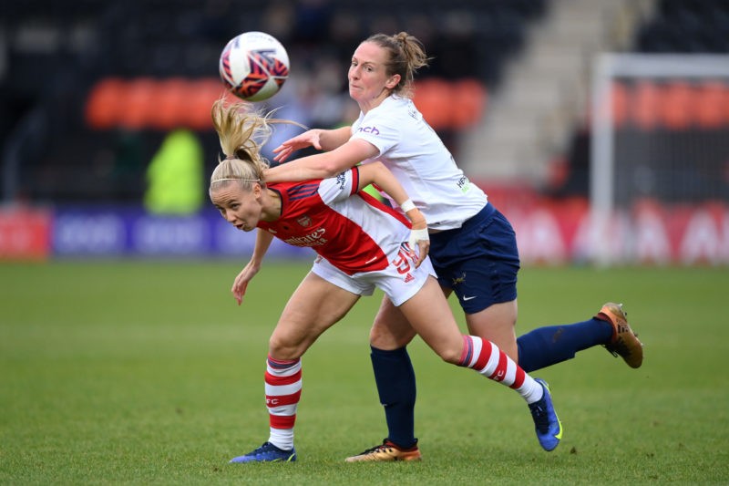 BARNET, ENGLAND - NOVEMBER 13: Beth Mead of Arsenal is challenged by Kerys Harrop of Tottenham Hotspur during the Barclays FA Women's Super League match between Tottenham Hotspur Women and Arsenal Women at The Hive on November 13, 2021 in Barnet, England. (Photo by Justin Setterfield/Getty Images)
