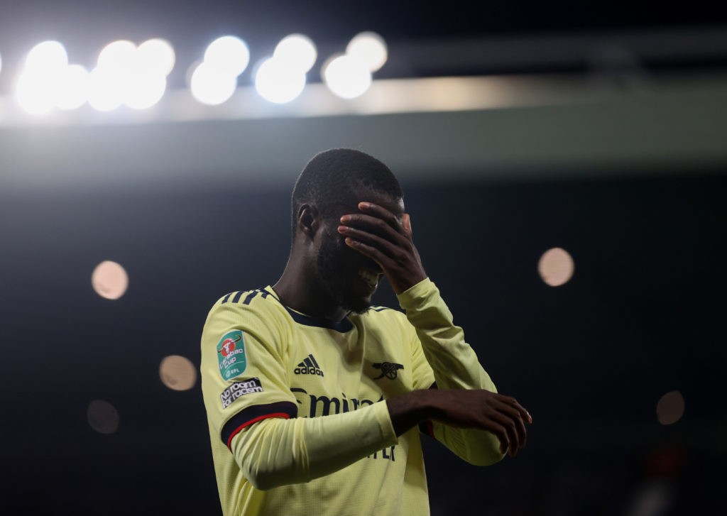 WEST BROMWICH, ENGLAND - AUGUST 25: Nicolas Pepe of Arsenal reacts during the Carabao Cup Second Round between West Bromwich Albion and Arsenal at The Hawthorns on August 25, 2021 in West Bromwich, England. (Photo by Catherine Ivill/Getty Images)