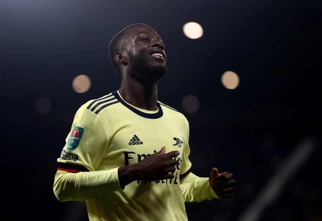 WEST BROMWICH, ENGLAND - AUGUST 25: Nicolas Pepe from Arsenal during the Carabao Cup second round between West Bromwich Albion and Arsenal at The Hawthorns on August 25, 2021 in West Bromwich, England.  (Photo by Catherine Ivill / Getty Images)