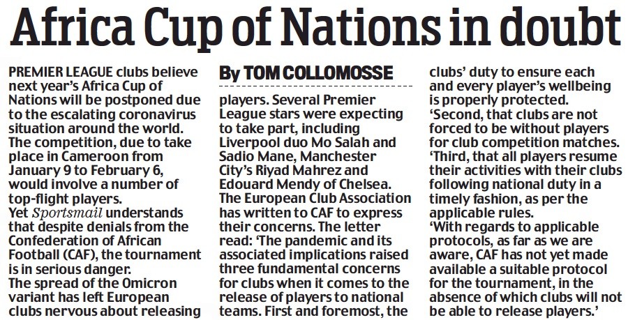 AFCon in doubt Daily Mail 17 December 2021
