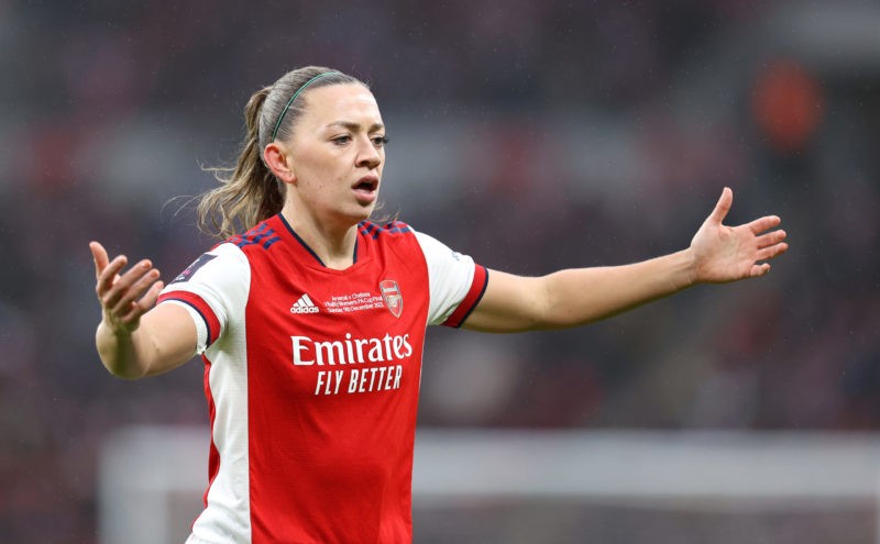 LONDON, ENGLAND - DECEMBER 05: Katie McCabe of Arsenal reacts during the Vitality Women's FA Cup Final between Arsenal FC and Chelsea FC at Wembley Stadium on December 05, 2021 in London, England. (Photo by Alex Pantling/Getty Images)
