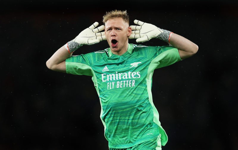 LONDON, ENGLAND - DECEMBER 11: Aaron Ramsdale of Arsenal celebrates after their side's third goal, scored by Gabriel Magalhaes (Not pictured) during the Premier League match between Arsenal and Southampton at Emirates Stadium on December 11, 2021 in London, England. (Photo by Eddie Keogh/Getty Images)
