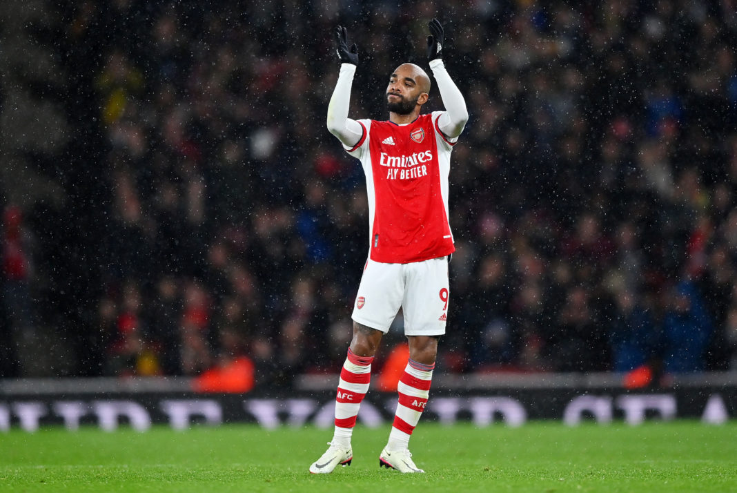 LONDON, ENGLAND - DECEMBER 11: Alexandre Lacazette of Arsenal applauds the fans as he is substituted during the Premier League match between Arsenal and Southampton at Emirates Stadium on December 11, 2021 in London, England. (Photo by Justin Setterfield/Getty Images)